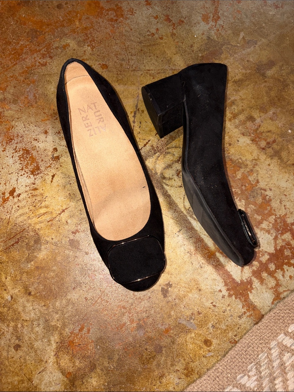 Naturalizer Black Suede Block Heel Pumps with Buckle Accent